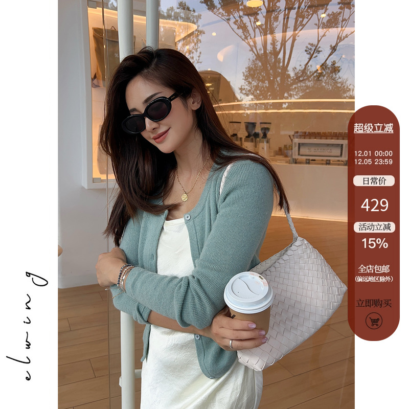 Elwing原创羊驼毛羊毛小圆领基础款针织开衫外套