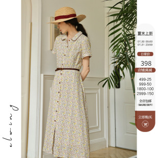 Elwing原创小众设计感碎花连衣裙女夏季 裙 新款 polo领复古文艺衬衫