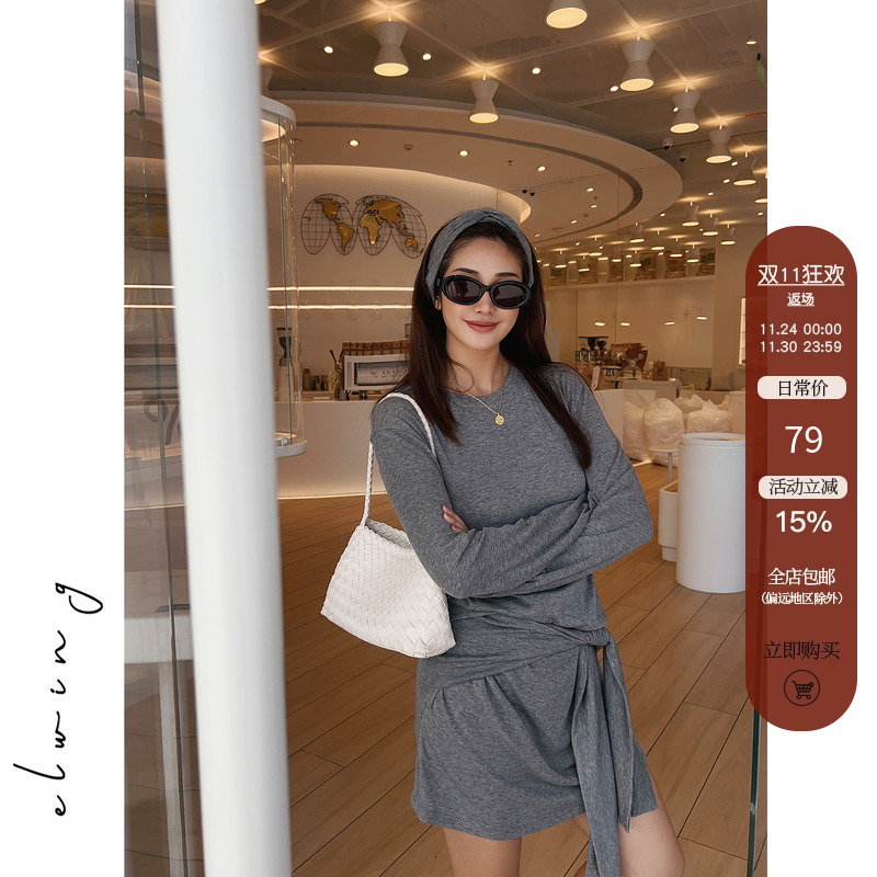 Elwing原创软糯天丝羊毛设计感套装假两件T恤半裙裤芭蕾风发带