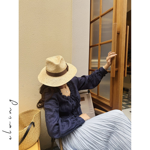 全亚麻复古V领木耳边长袖衬衫