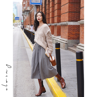 设计感宽松裤 Elwing原创冬季 个性 新款 子 女复古高级灰宫廷风裙裤