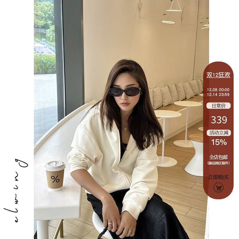 Elwing原创肌理感空气棉廓形连帽拉链卫衣外套