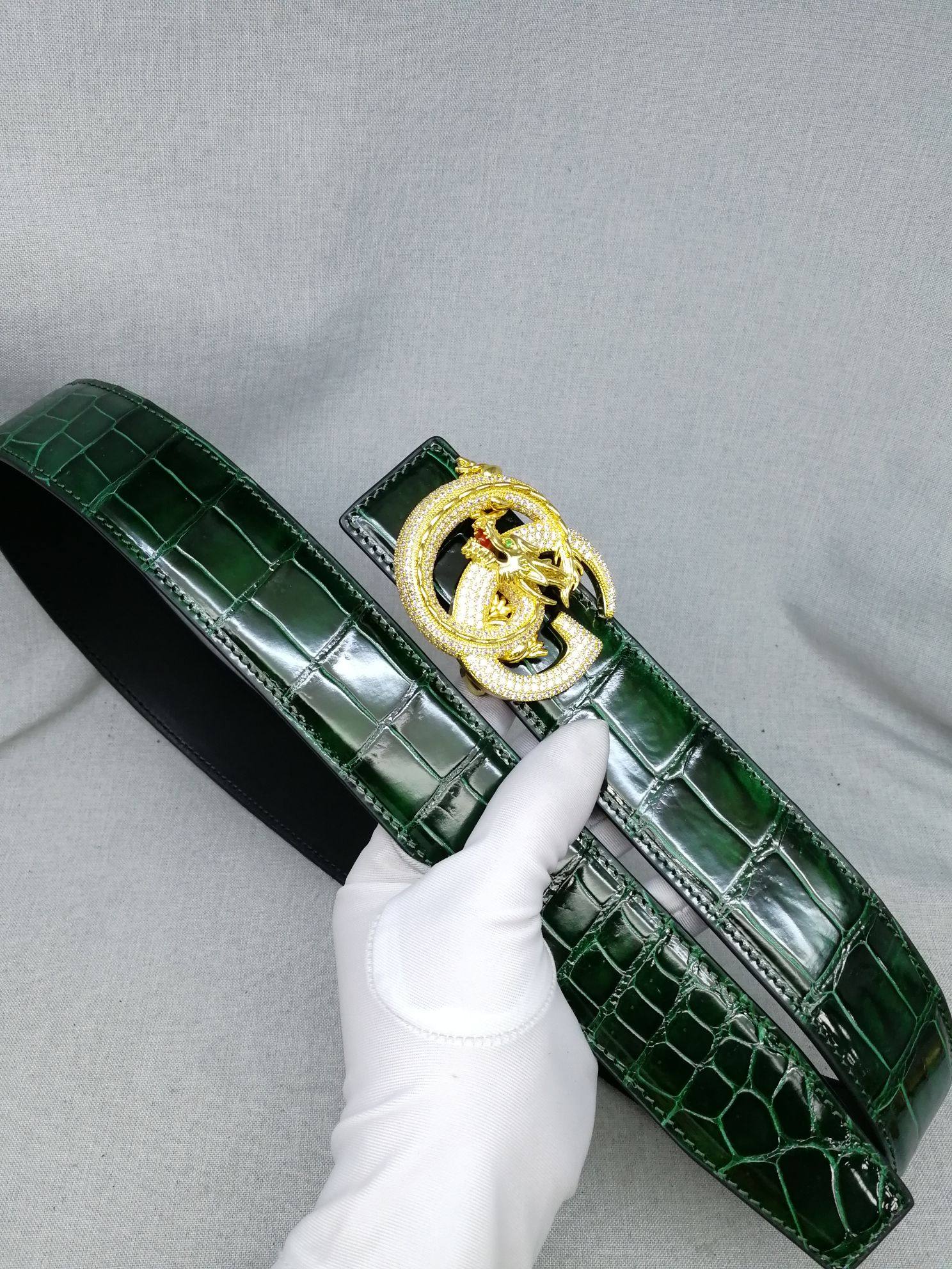 尼罗鳄鱼皮高光肚皮腰带全玛瑙打光定做墨绿男士青年商务真皮