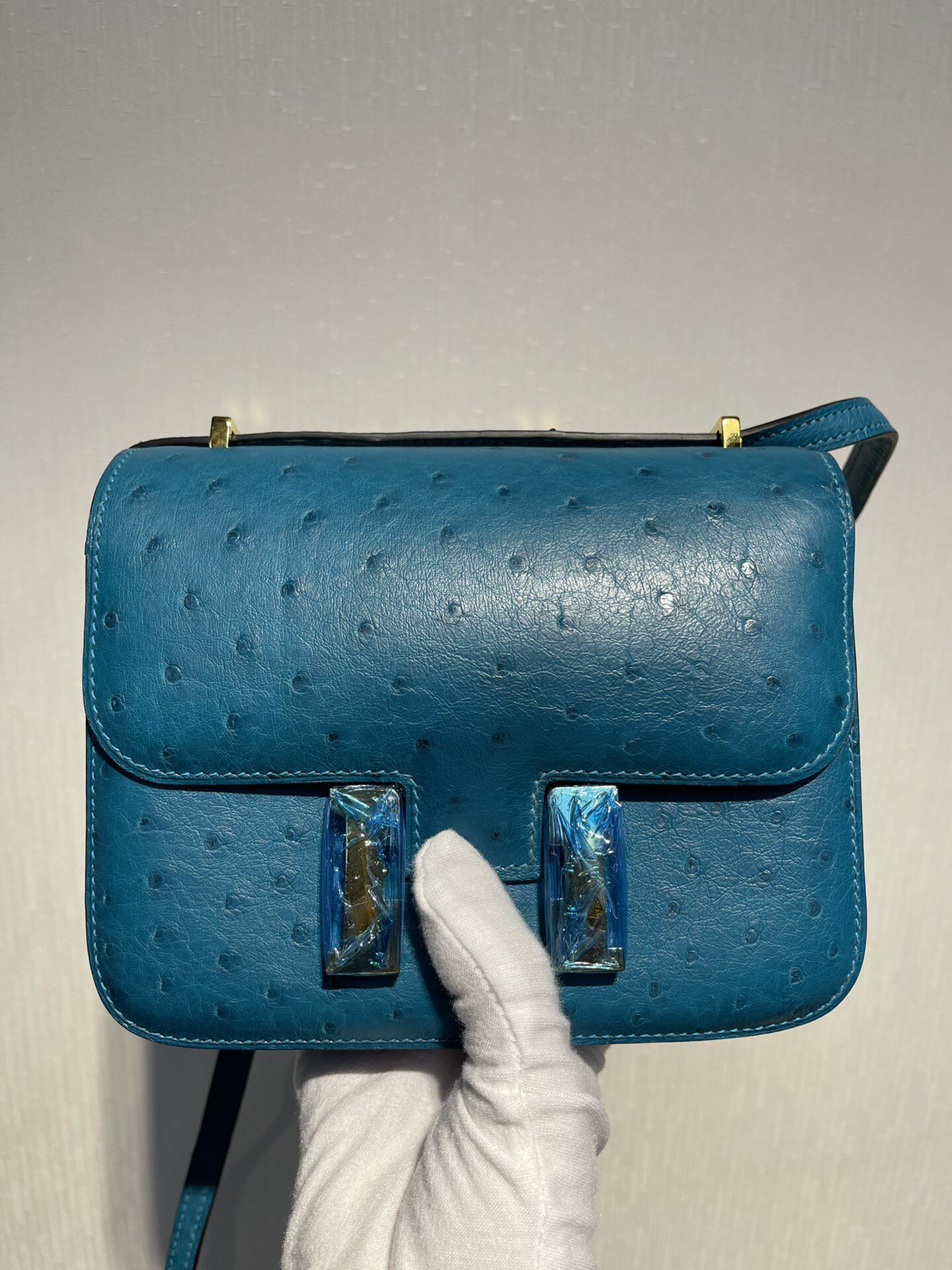 进口南非鸵鸟皮空姐女士时尚康康19方包斜挎单肩女包百搭孔雀蓝