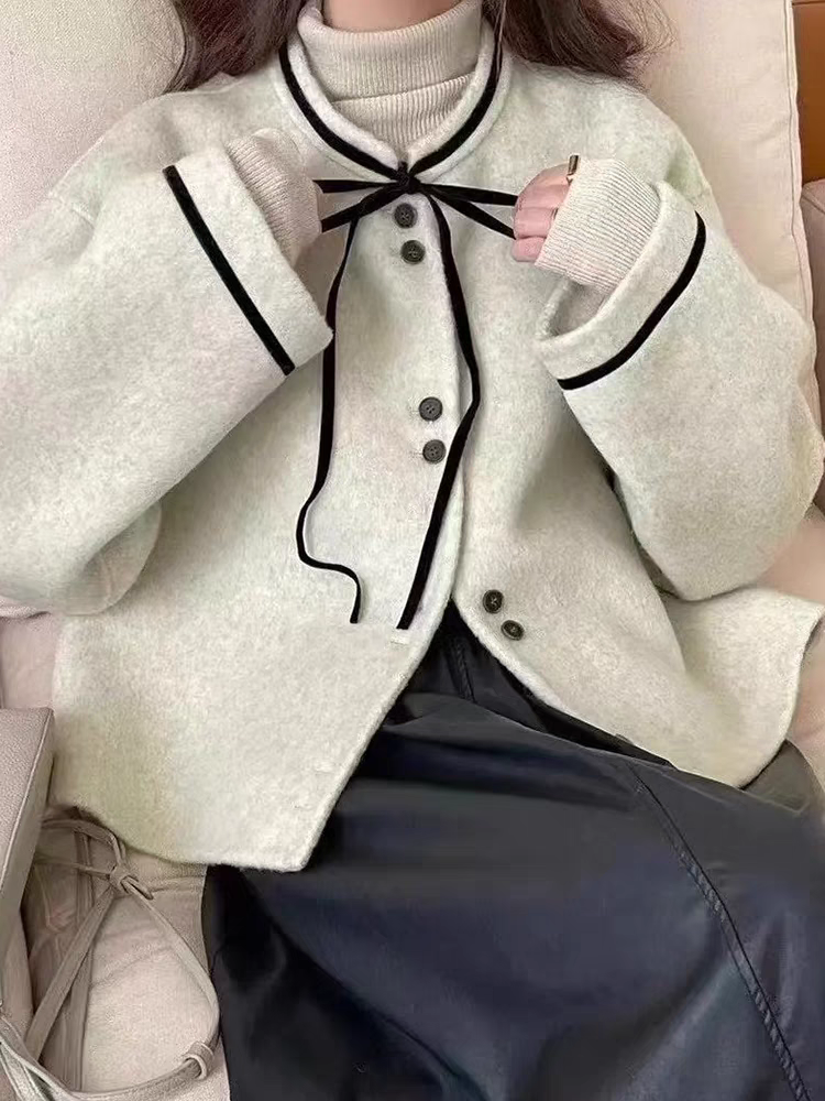 新款甜美蝴蝶结系带羊毛呢外套女减龄短款双面羊绒大衣小香风2025