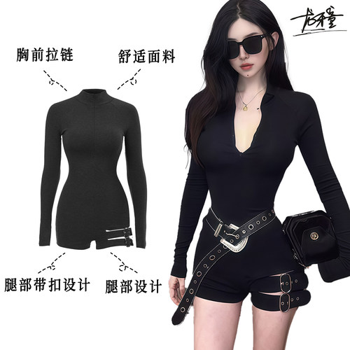 牛仔高腰短裤显瘦修身长袖连体裤