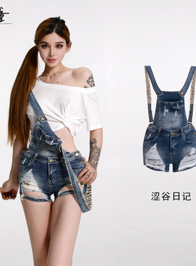 龙牙童推荐【涩谷日记】显瘦修身复古破洞辣妹春夏新款背带短裤女
