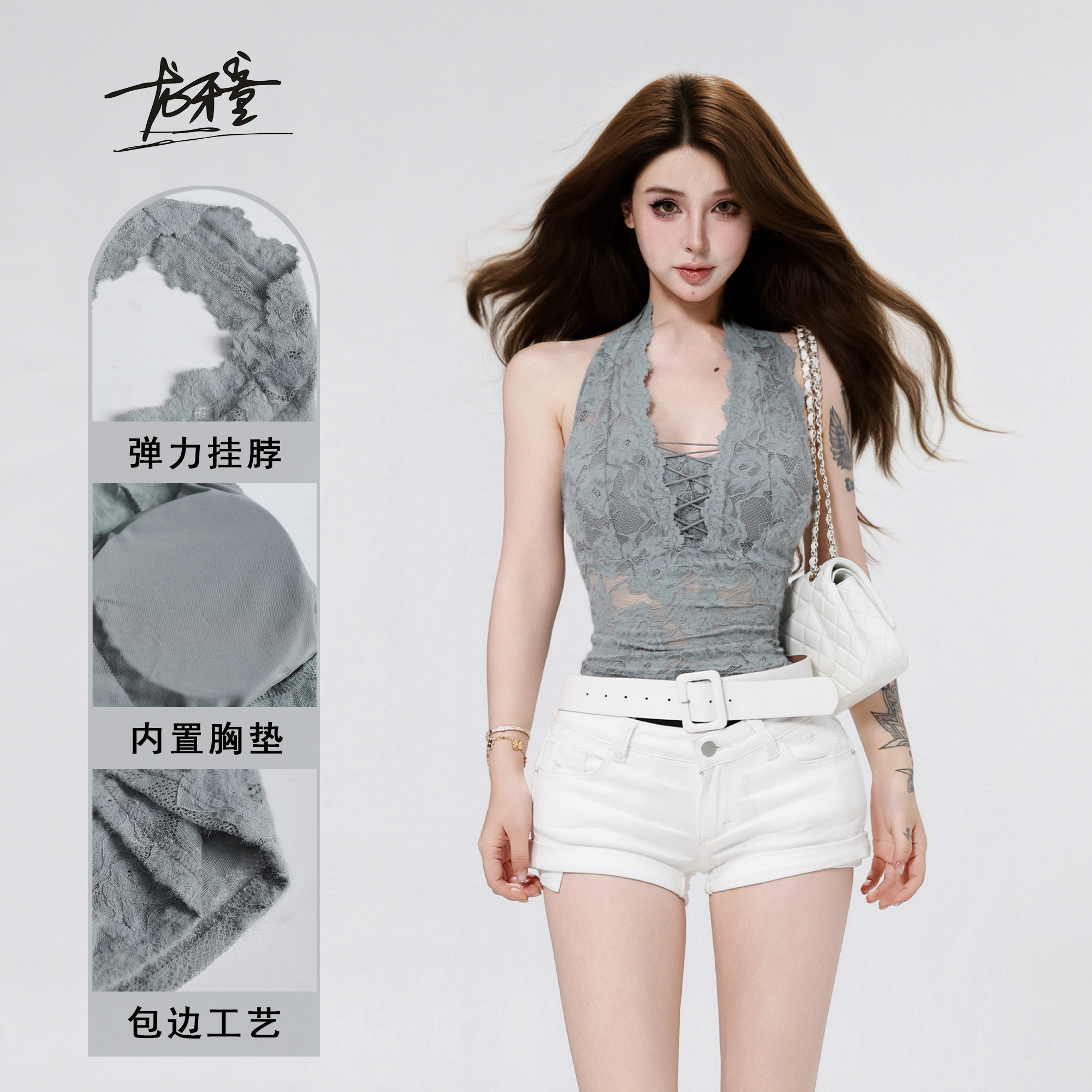 龙牙童夏季蕾丝挂脖修身吊带背心图片