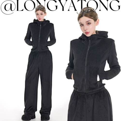 龙牙童推荐【双绒公约】秋冬运动同色系套装显瘦连帽长袖外套加绒