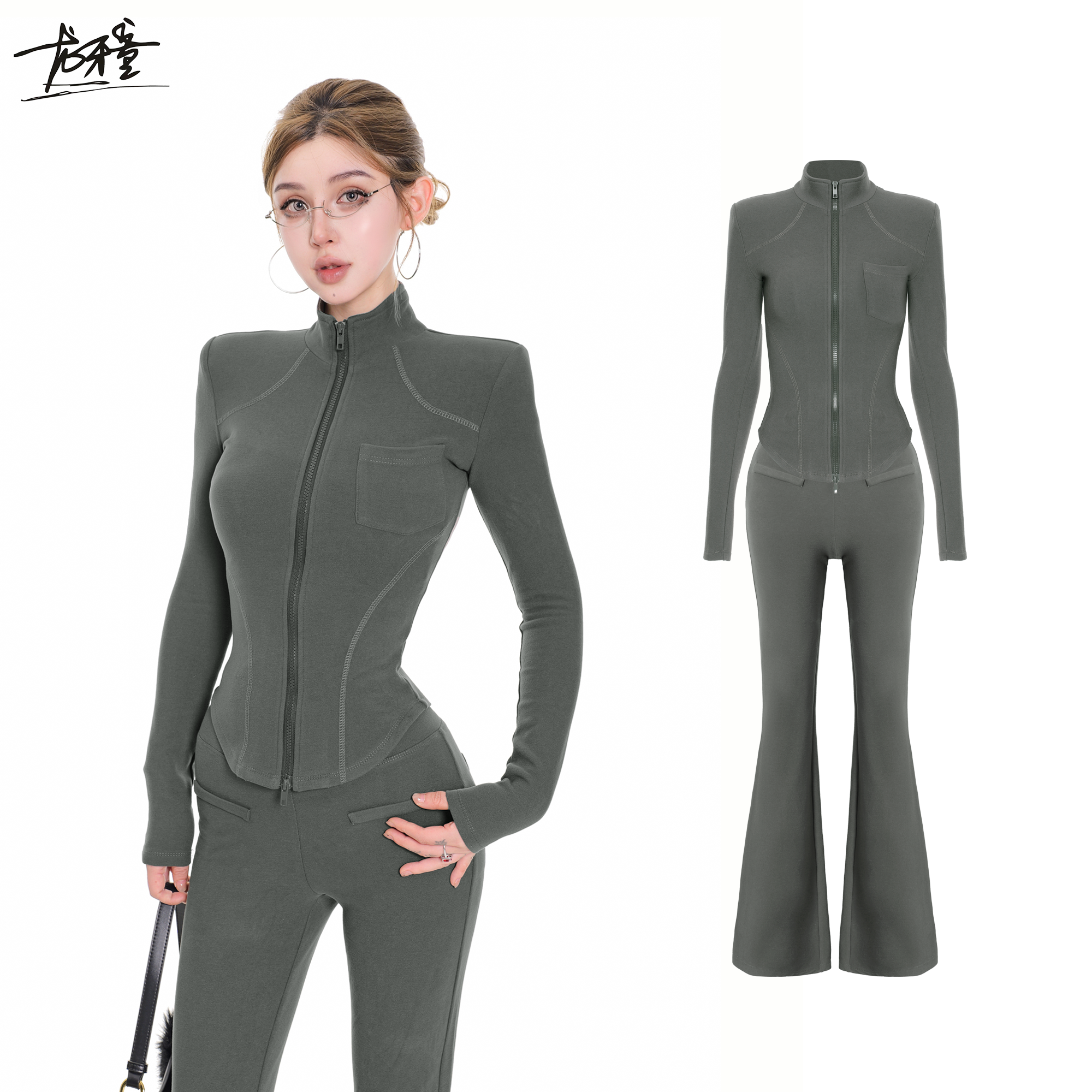 龙牙童推荐【肯豆套装】美式辣妹运动风立领拉链上衣女秋冬显瘦外