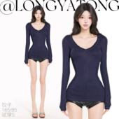 正肩掐腰长袖 显瘦女款 龙牙童推荐 休闲t恤女士修身 保暖V领贴