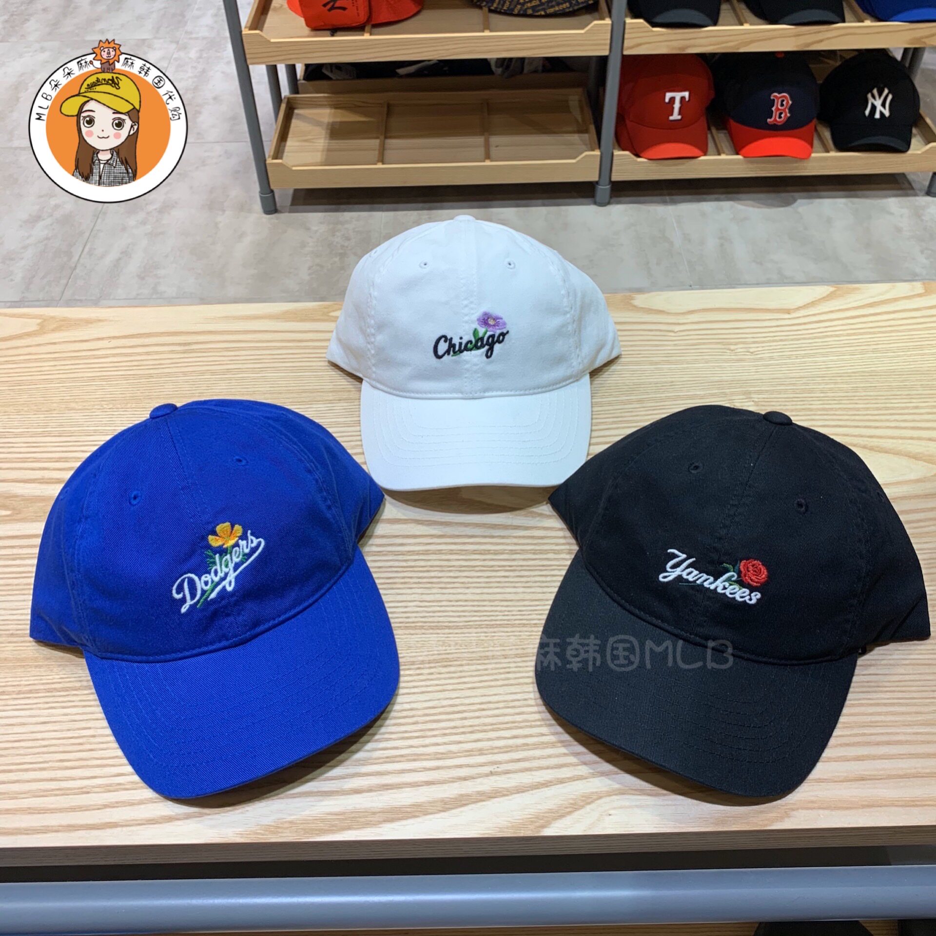 韩国正品mlb帽子洋基队刺绣小花鸭舌帽ins小清新软顶棒球帽