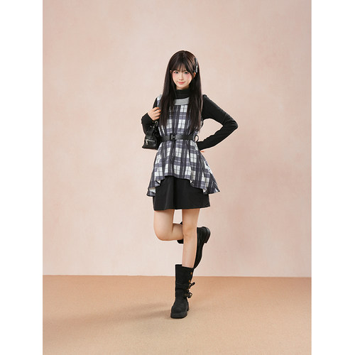 vintage古着套装日系古早感娃娃领格纹连衣裙百搭长袖打底两件套~