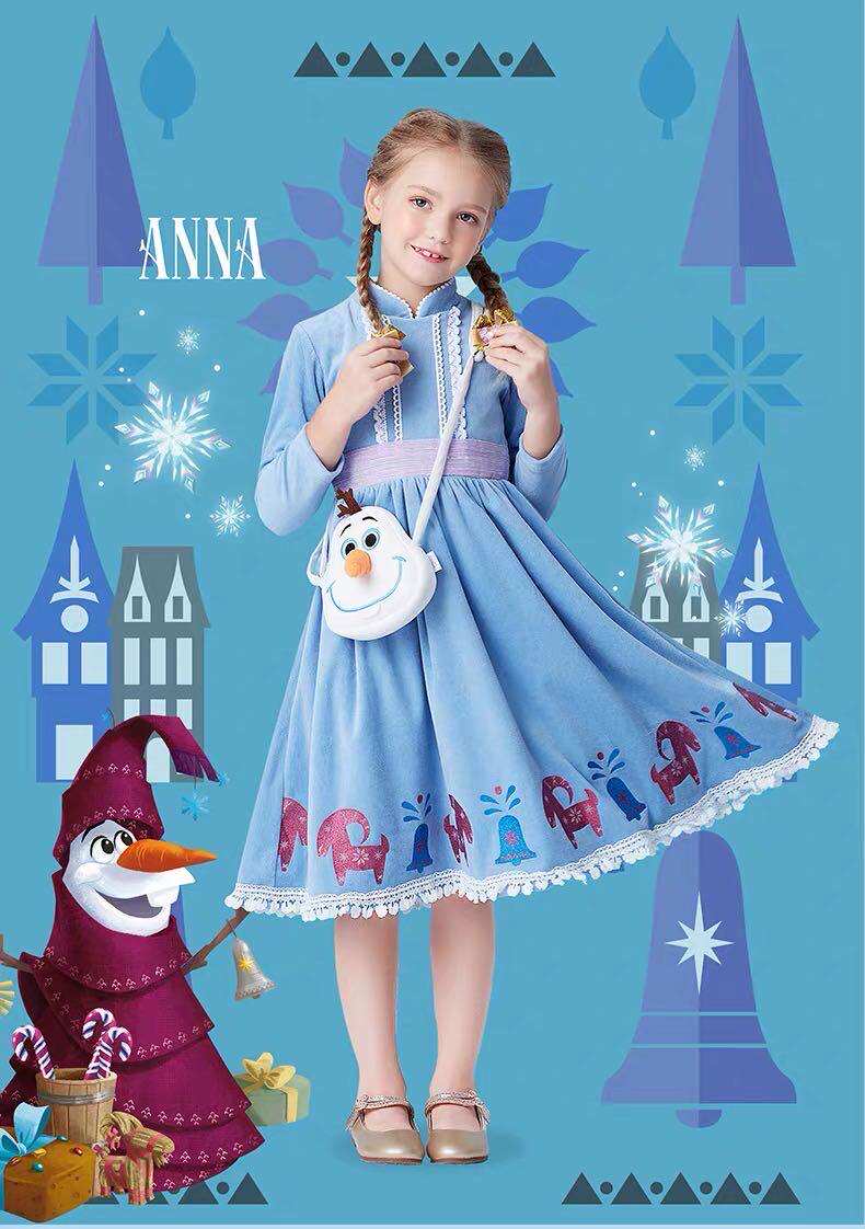 迪士尼冰雪奇缘安娜公主裙秋冬生日礼服裙女童连衣裙万圣节