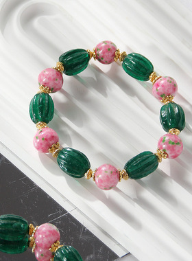 淄博老琉璃手串手工烧制雪巴珠子中古琉璃手链粉蛙皮绿点翠手串
