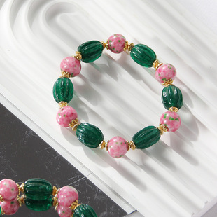 淄博老琉璃手串手工烧制雪巴珠子中古琉璃手链粉蛙皮绿点翠手串