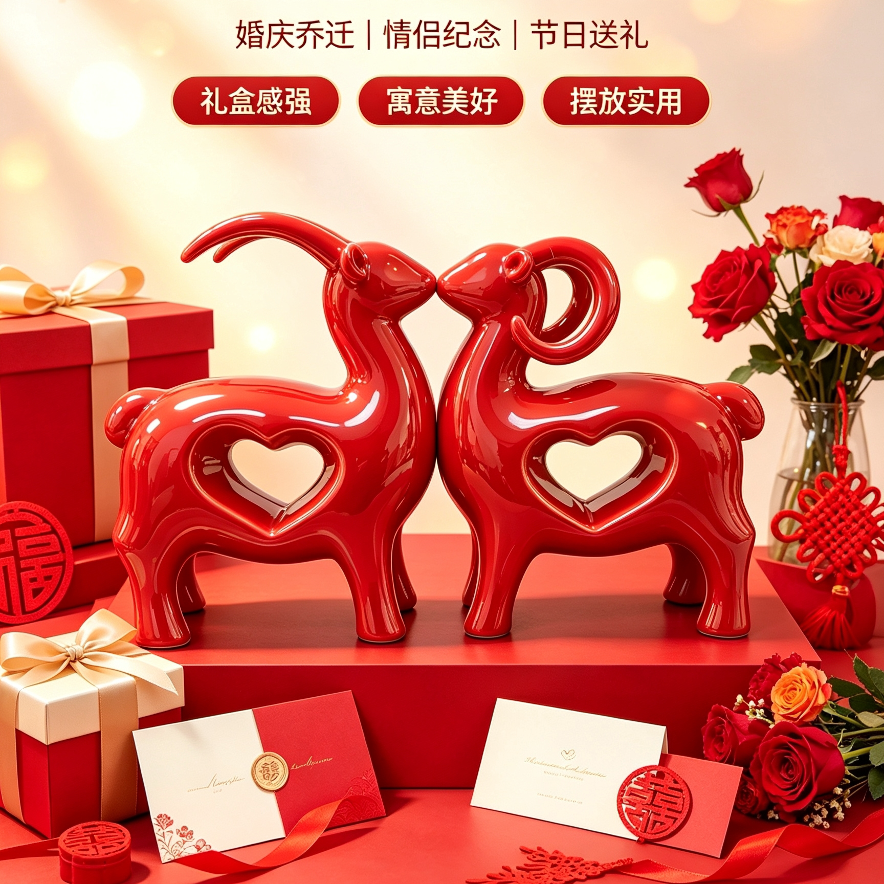 中式树脂红羊摆件乔迁送礼