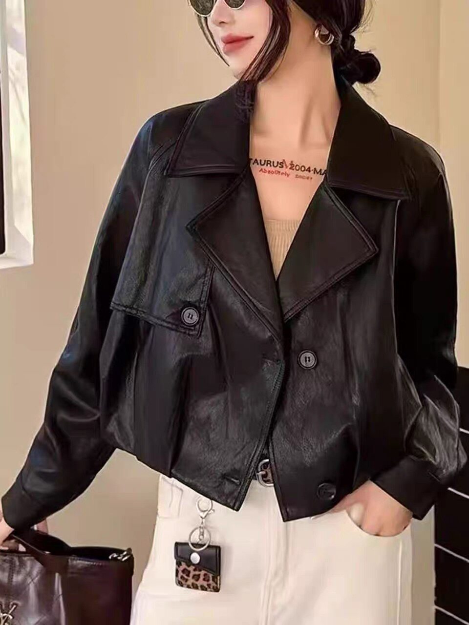 西装领皮衣外套女2026秋冬款欧版时尚短款褶皱设计感气质百搭上衣