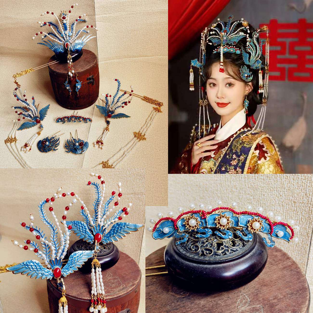 菡萏花开仿点翠烧蓝景泰蓝婚礼凤冠凤簪汉服古风发饰新娘旅拍影楼