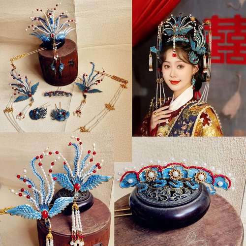 仿点翠烧蓝婚礼珍珠凤簪汉服配饰