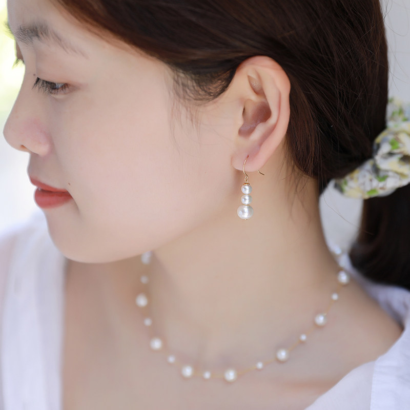 黛米珠宝 朵菱 59mm圆形白色淡水珍珠耳环18K金长耳钉女耳饰耳坠