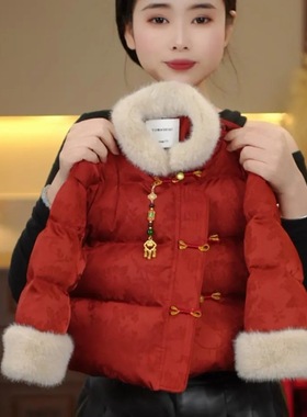 m339红色国风新款冬装新年衣服儿童加厚时尚棉服冬季保暖外套