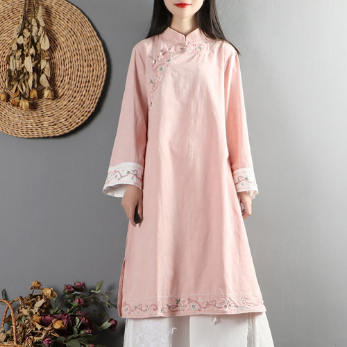 文艺改良版中式风茶服棉麻连衣裙