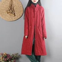 Phong cách Trung Quốc retro cotton cotton và vải lanh cotton mùa đông của phụ nữ trong phần dài của phong cách quốc gia Trung Quốc khóa áo khoác bông đệm - Bông áo phao lót lông cừu