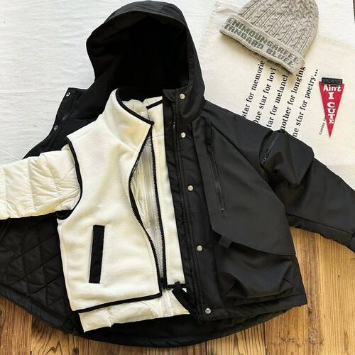 BabyKing 25冬季新款日系童装工装马甲羽绒冲锋衣三件套90白鸭绒