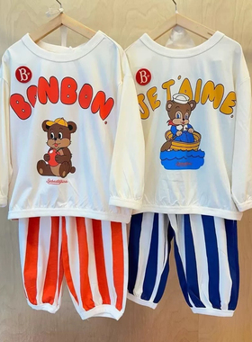 Babyking2024S/S 夏款儿童小熊头蓝白条纹波浪宽松裤防蚊裤长裤