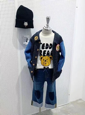 Baby king韩版秋冬款bebe童装蓝色补丁牛仔裤