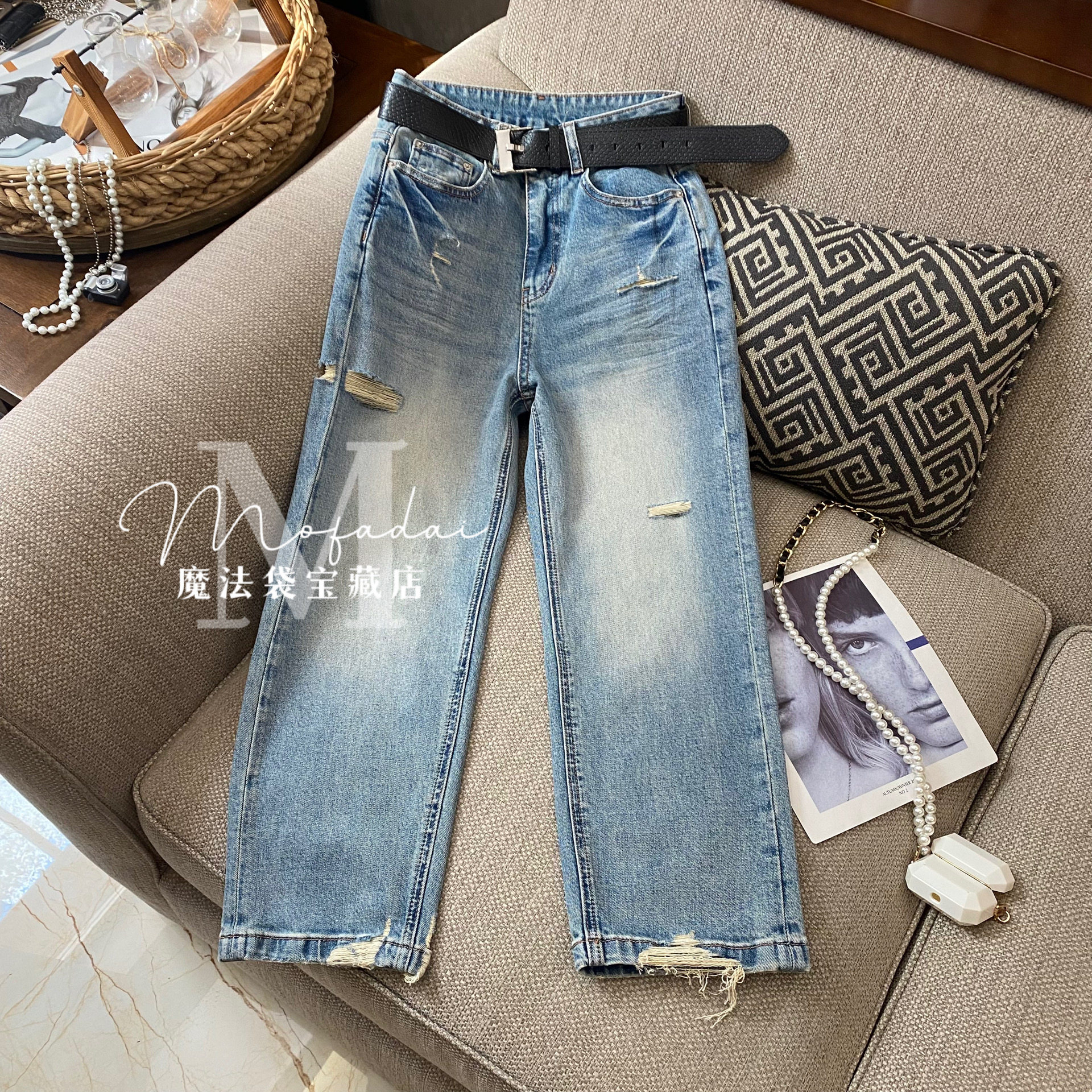 蓝色2026夏季新款牛仔裤女装宽松微弹力破洞打磨直筒裤九分中筒裤
