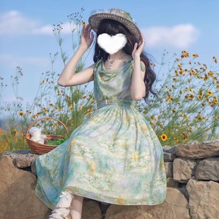 ◆原创定制◆油画集Lolita优雅度假希腊风雪纺印花荡领jsk