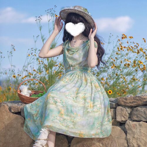 ◆原创定制◆油画集Lolita优雅度假希腊风雪纺印花荡领jsk
