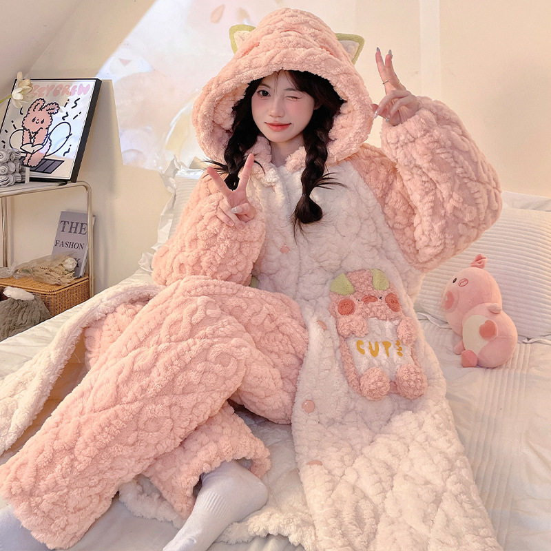 珊瑚绒连帽睡袍少女款冬季2024新款加绒加厚可爱秋冬款家居服套装,女士内衣/男士内衣/家居服,睡袍/浴袍,淘宝优惠券,粉丝福利购,淘宝优惠卷