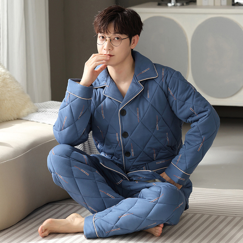 冬季中年男士三层加厚保暖针织夹棉睡衣开衫大码棉袄家居服套装男