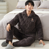 套装 睡衣男秋冬珊瑚绒加厚加绒三层夹棉袄男士 超厚洋气家居服冬季
