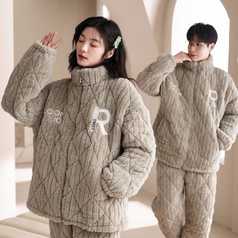 秋冬季加厚夹棉情侣睡衣简约字母款家居服一整套法兰绒开衫拉链款,女士内衣/男士内衣/家居服,睡衣/家居服套装,淘宝优惠券,粉丝福利购,淘宝优惠卷