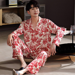 冰丝 长袖 结婚睡衣男士 秋季 红色新婚仿真丝绸家居服套装 春秋款