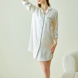 家居服开衫 100桑蚕丝连衣裙简约大码 真丝睡衣白衬衫 夏日慵懒睡裙