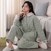 睡衣女冬季 冬天珊瑚绒法兰绒夹棉袄三层加厚超厚加绒家居服秋冬款