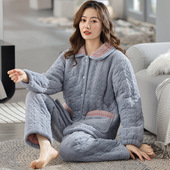 套装 睡衣女士冬天三层加厚夹棉袄珊瑚绒法兰绒加绒保暖秋冬季 韩版