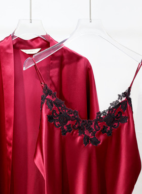 LP结婚红色晨袍重磅真丝吊带短裤长款睡袍多件套家居服睡裙桑蚕丝