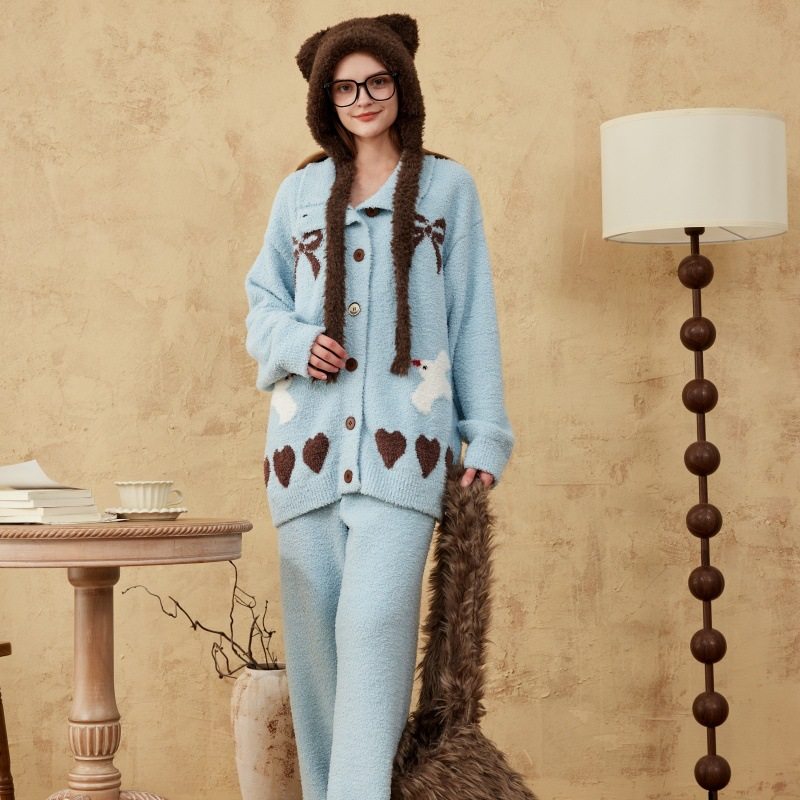 Yase【蓝悠白鸽】秋冬半边绒开衫睡衣女秋冬费尔岛甜美少女套装,女士内衣/男士内衣/家居服,睡袍/浴袍,淘宝优惠券,粉丝福利购,淘宝优惠卷