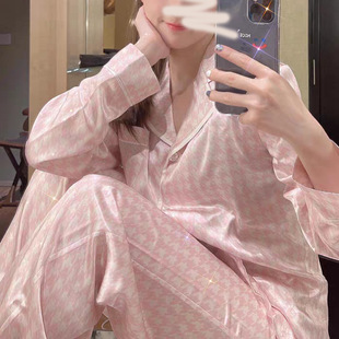 领家居服真丝套装 宅家好货推 重磅千鸟格黑粉色100桑蚕丝睡衣衬衫