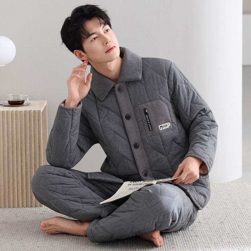 实体店品质睡衣男士冬季羽绒夹棉袄三层加绒加厚保暖可外穿家居服