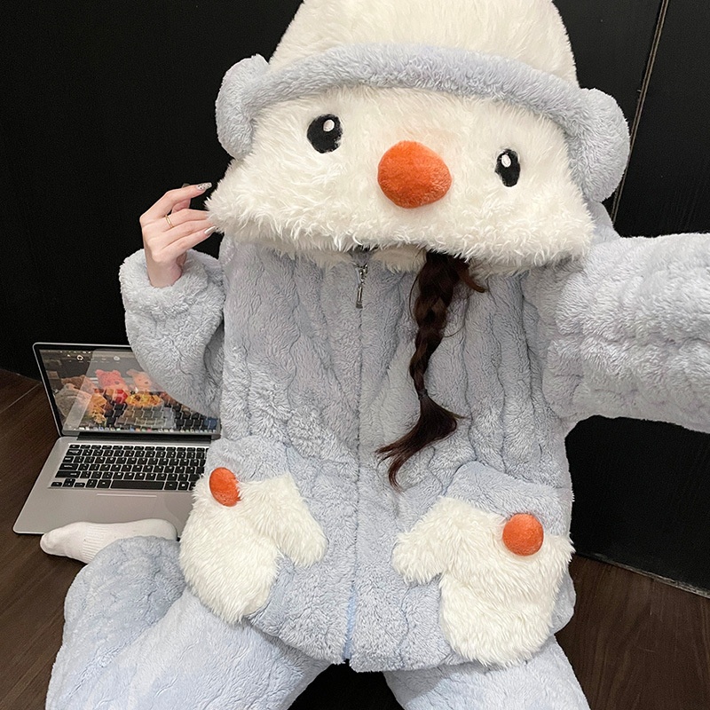 冬季新款三层夹棉睡衣女士加绒加厚保暖卡通连帽可外穿家居服套装