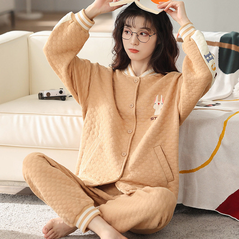 2023新款空气棉睡衣女秋冬季加厚纯棉夹层春秋大码少女家居服套装