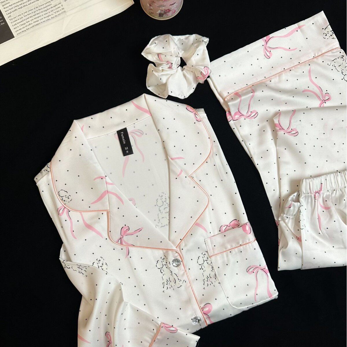 Yase【少女恬狗】韩系粉嫩睡衣少女甜美冰丝秋季长袖长裤发圈套装