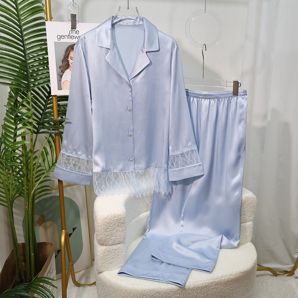 高级感重磅真丝睡衣 25春夏新款蕾丝边100桑蚕丝家居服两件套长袖
